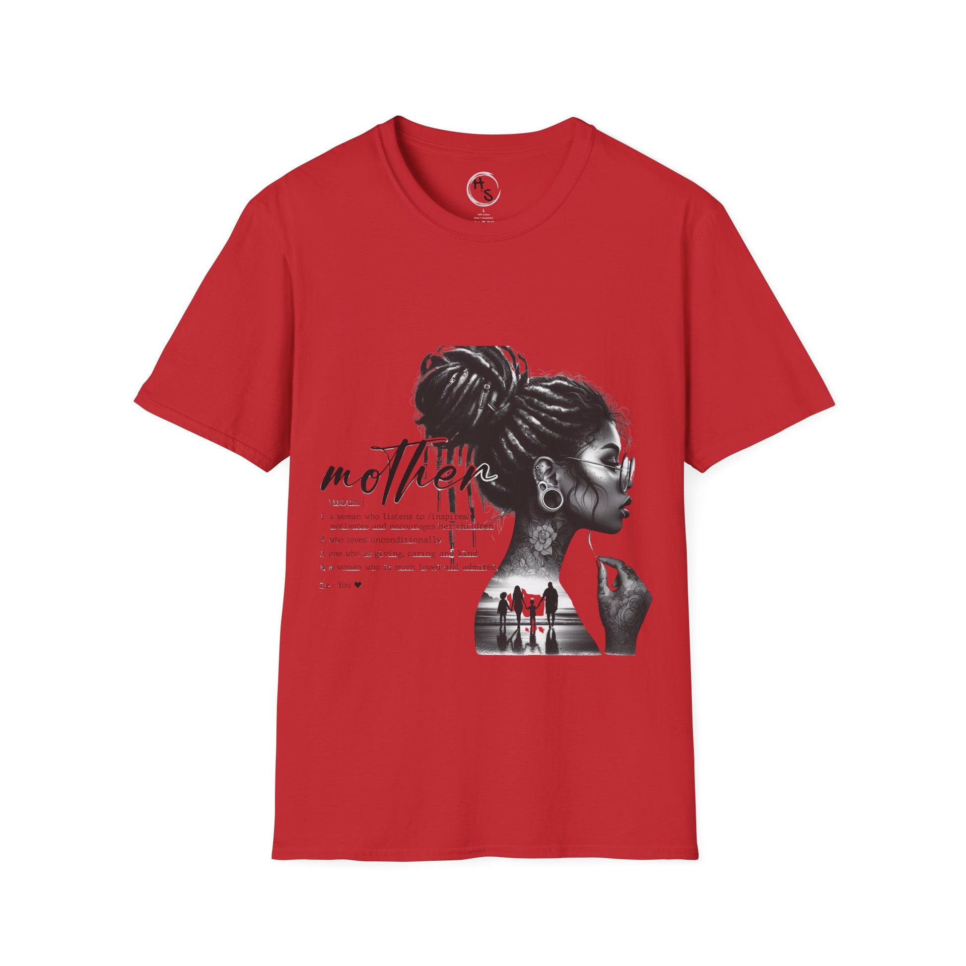 Red t-shirt with a graphic of a woman's profile and the word 'mother' on a red background