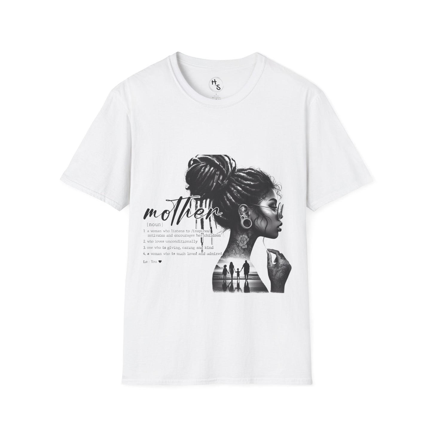 White t-shirt with a graphic design of a woman and text on a white background