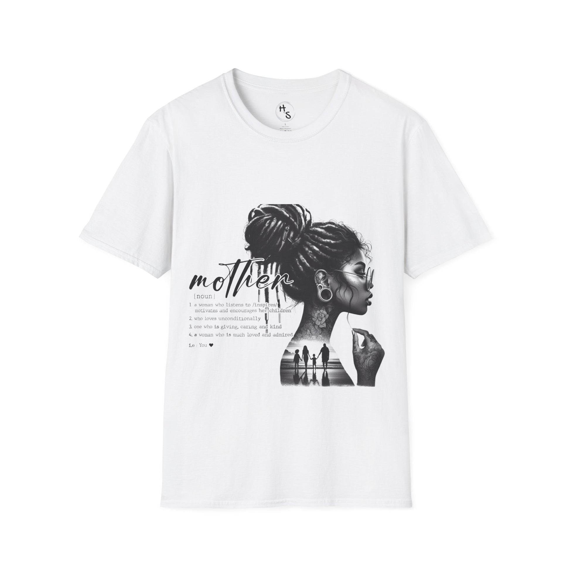 White t-shirt with a graphic design of a woman and text on a white background