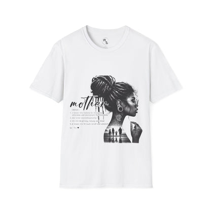 White t-shirt with a graphic design of a woman and text on a white background
