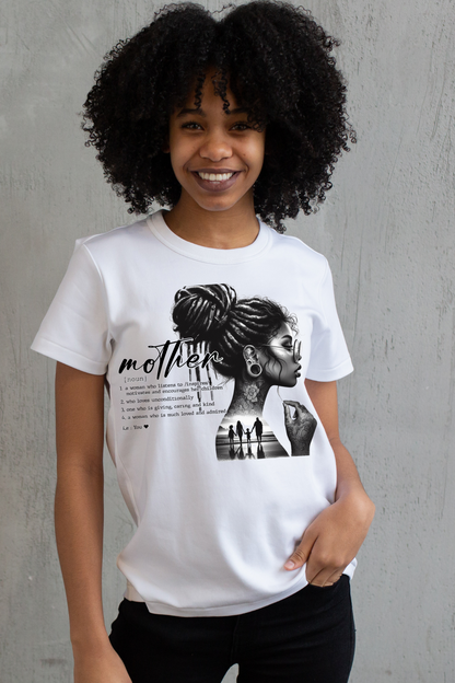 Person wearing a white t-shirt with a graphic design and text.