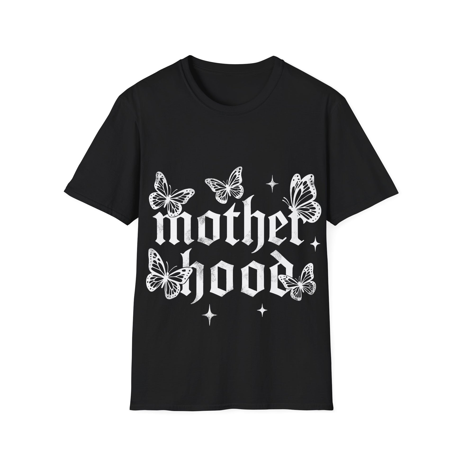 Black gothic ‘Motherhood’ T-Shirt lettering surrounded by delicate white butterflies and small star accents on a light gray background