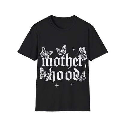 Black gothic ‘Motherhood’ T-Shirt lettering surrounded by delicate white butterflies and small star accents on a light gray background