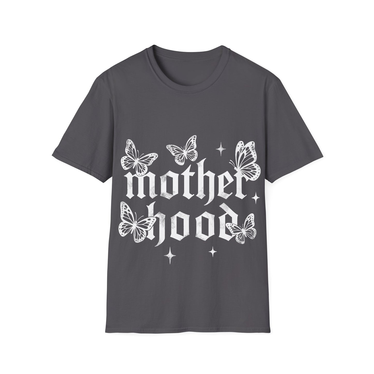 Gray t-shirt with 'motherhood' and butterfly designs on a white background