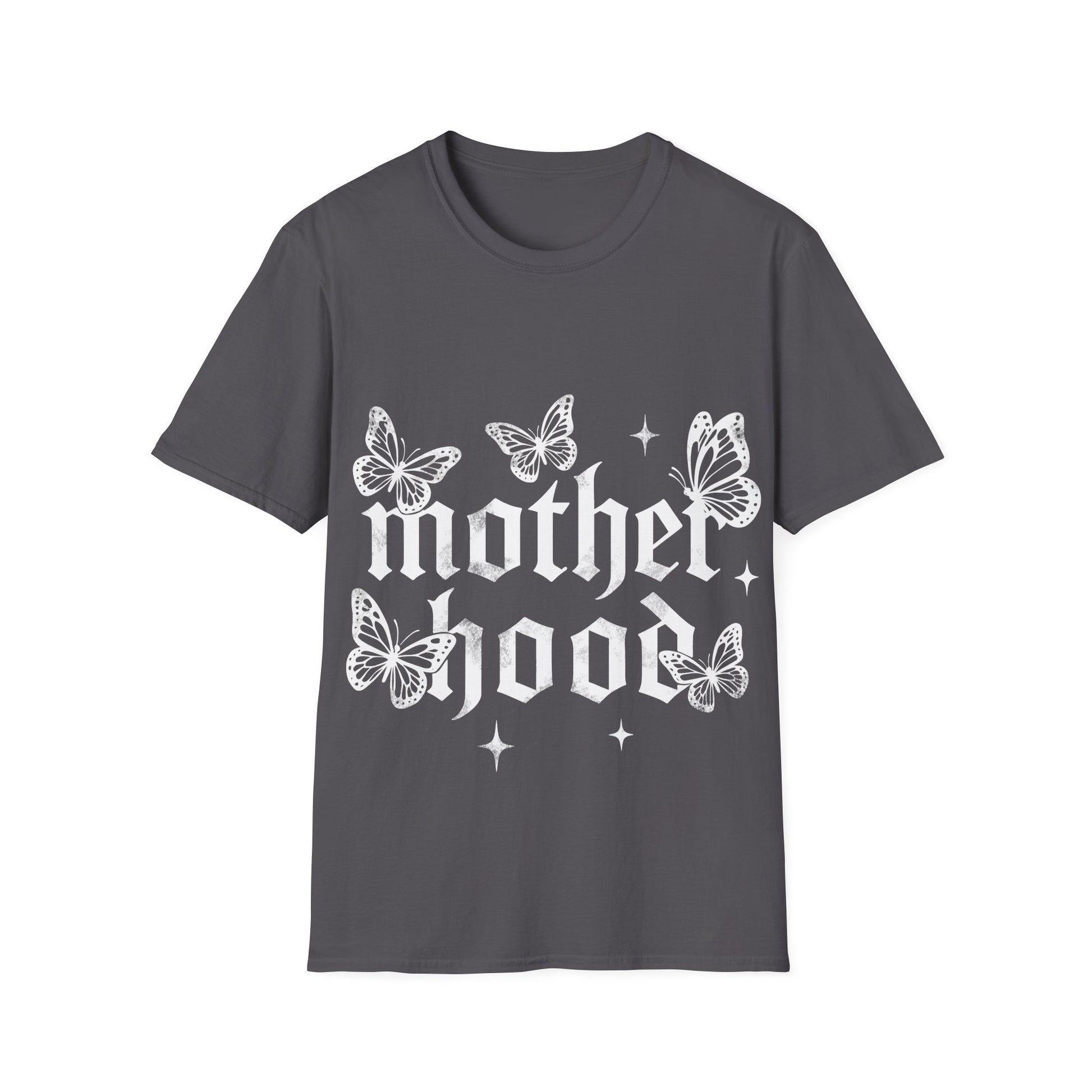 Gray t-shirt with 'motherhood' and butterfly designs on a white background