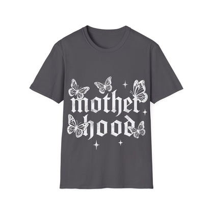 Gray t-shirt with 'motherhood' and butterfly designs on a white background