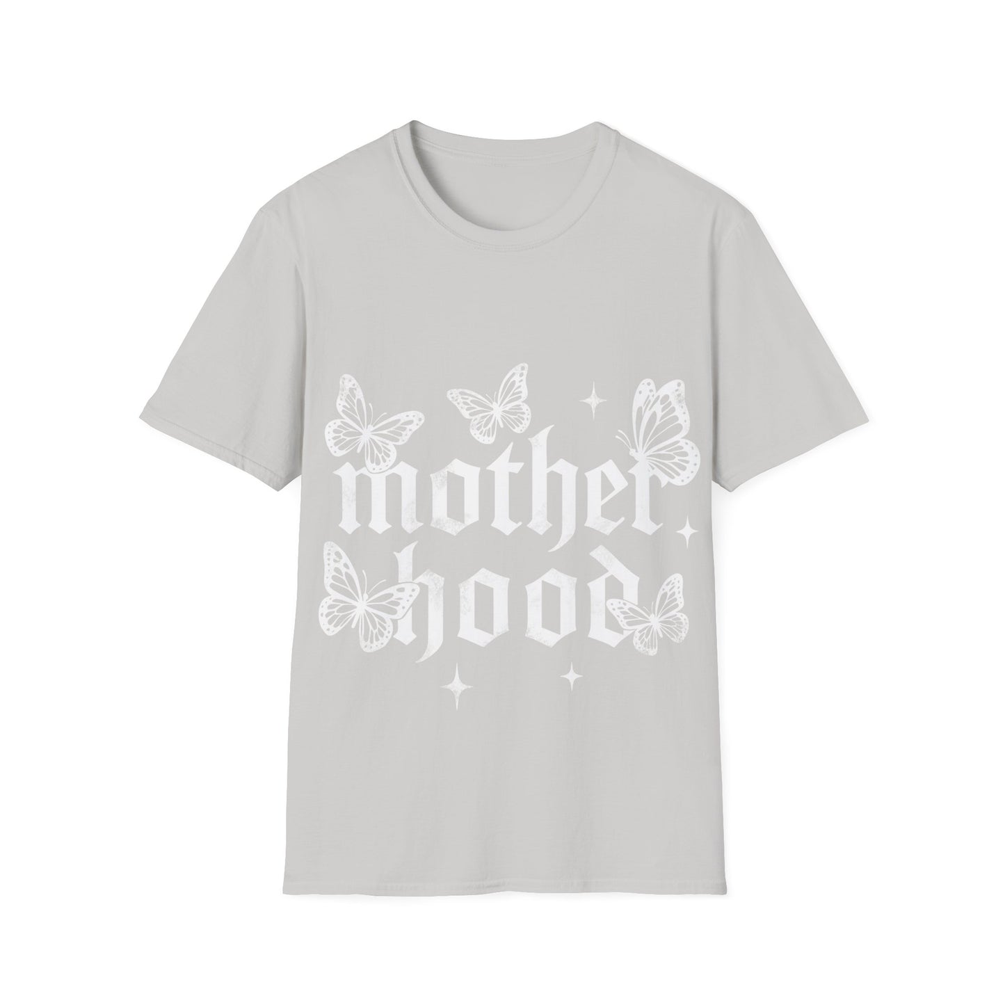 Ice Grey gothic ‘Motherhood’ T-Shirt lettering surrounded by delicate white butterflies and small star accents on a light gray background