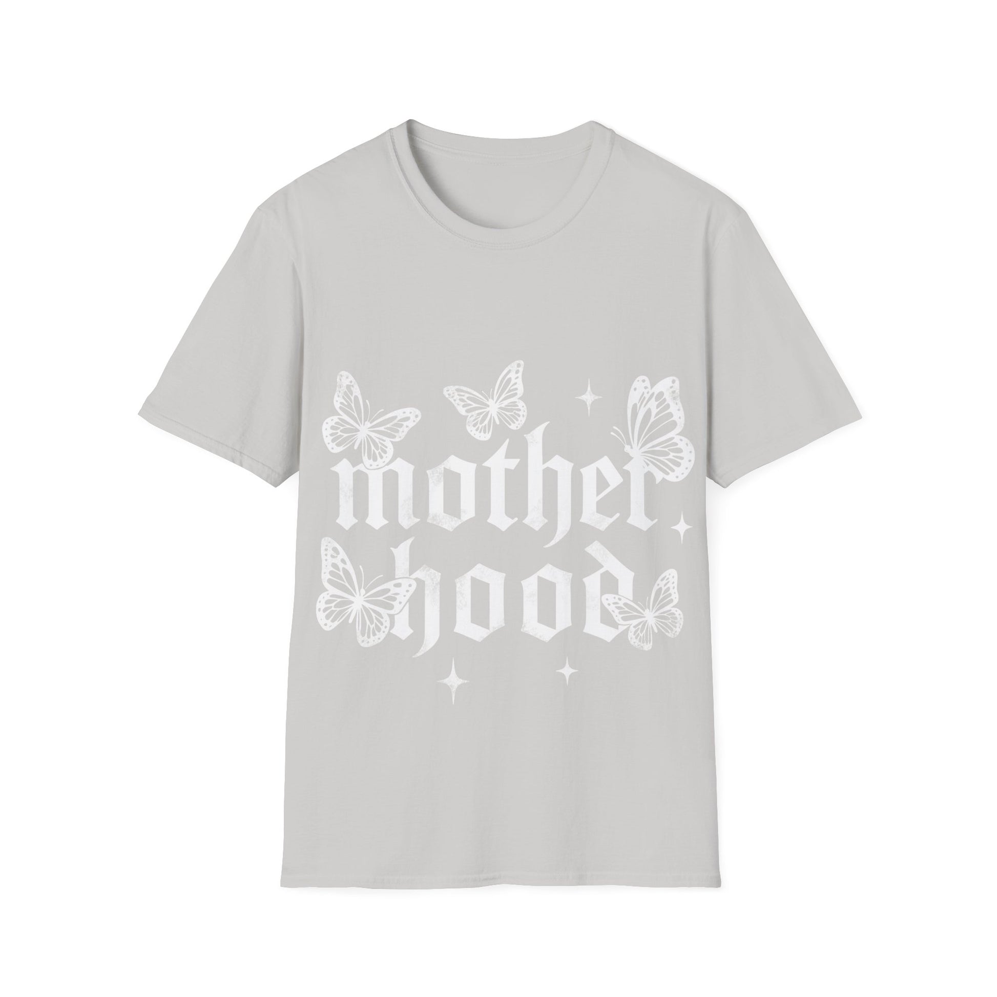 Ice Grey gothic ‘Motherhood’ T-Shirt lettering surrounded by delicate white butterflies and small star accents on a light gray background