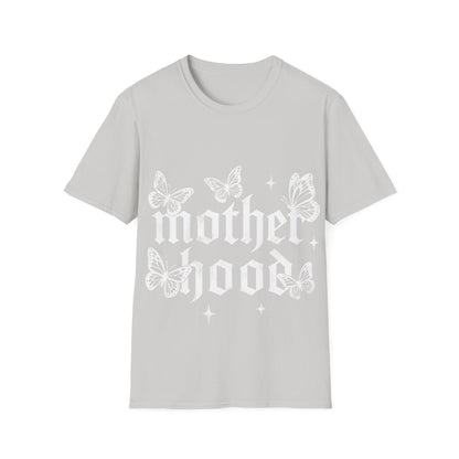 Ice Grey gothic ‘Motherhood’ T-Shirt lettering surrounded by delicate white butterflies and small star accents on a light gray background