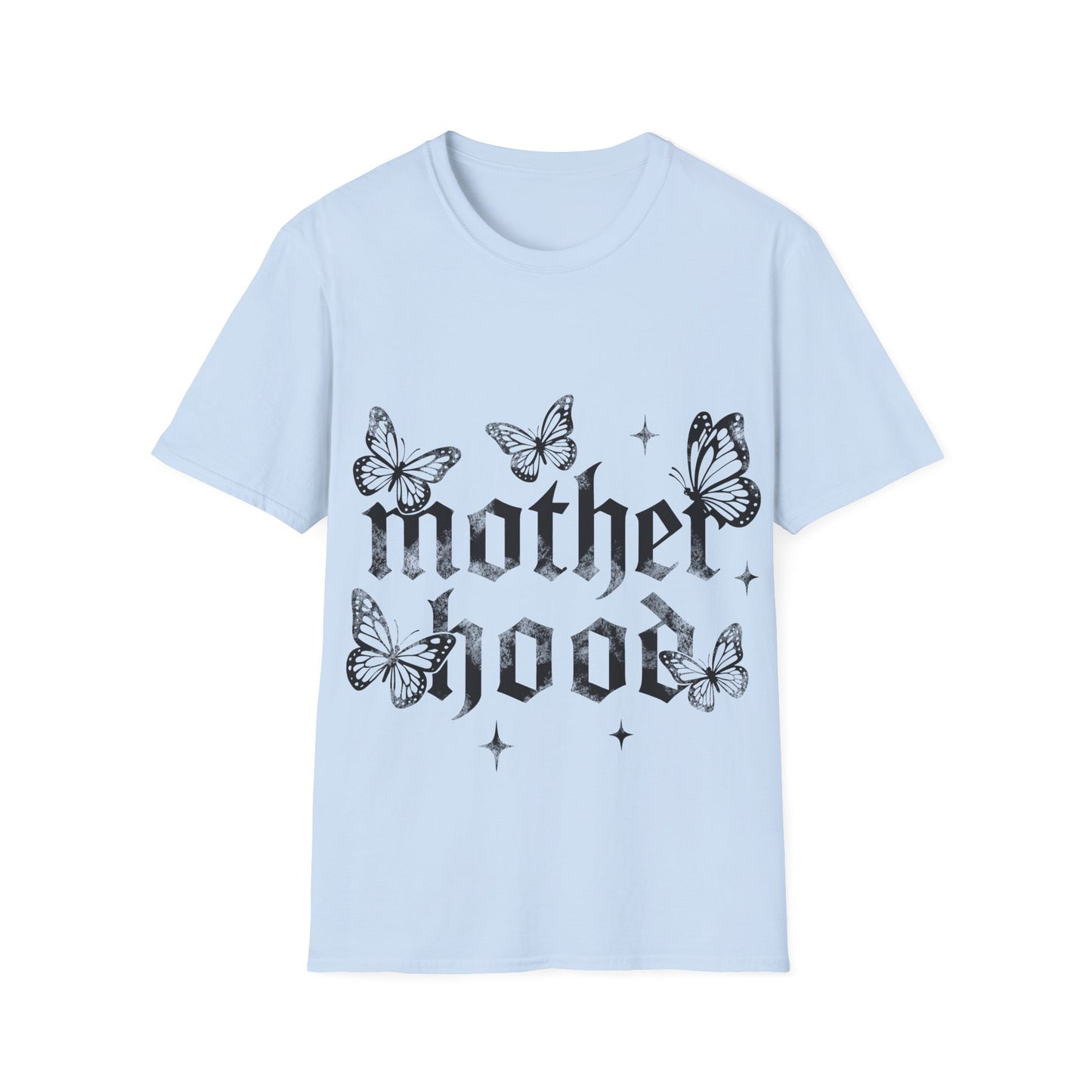 Light blue t-shirt with black butterfly design and 'motherhood' text on a white background