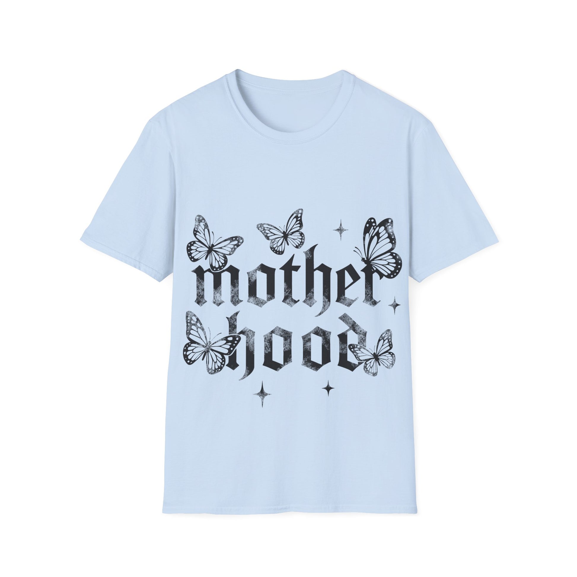 Light blue t-shirt with black butterfly design and 'motherhood' text on a white background