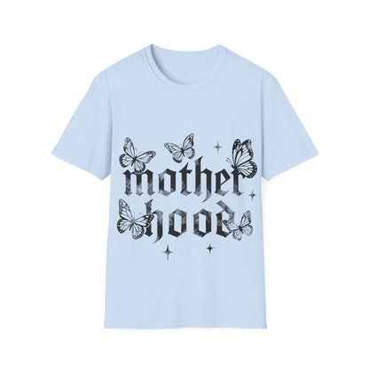 Light blue t-shirt with black butterfly design and 'motherhood' text on a white background