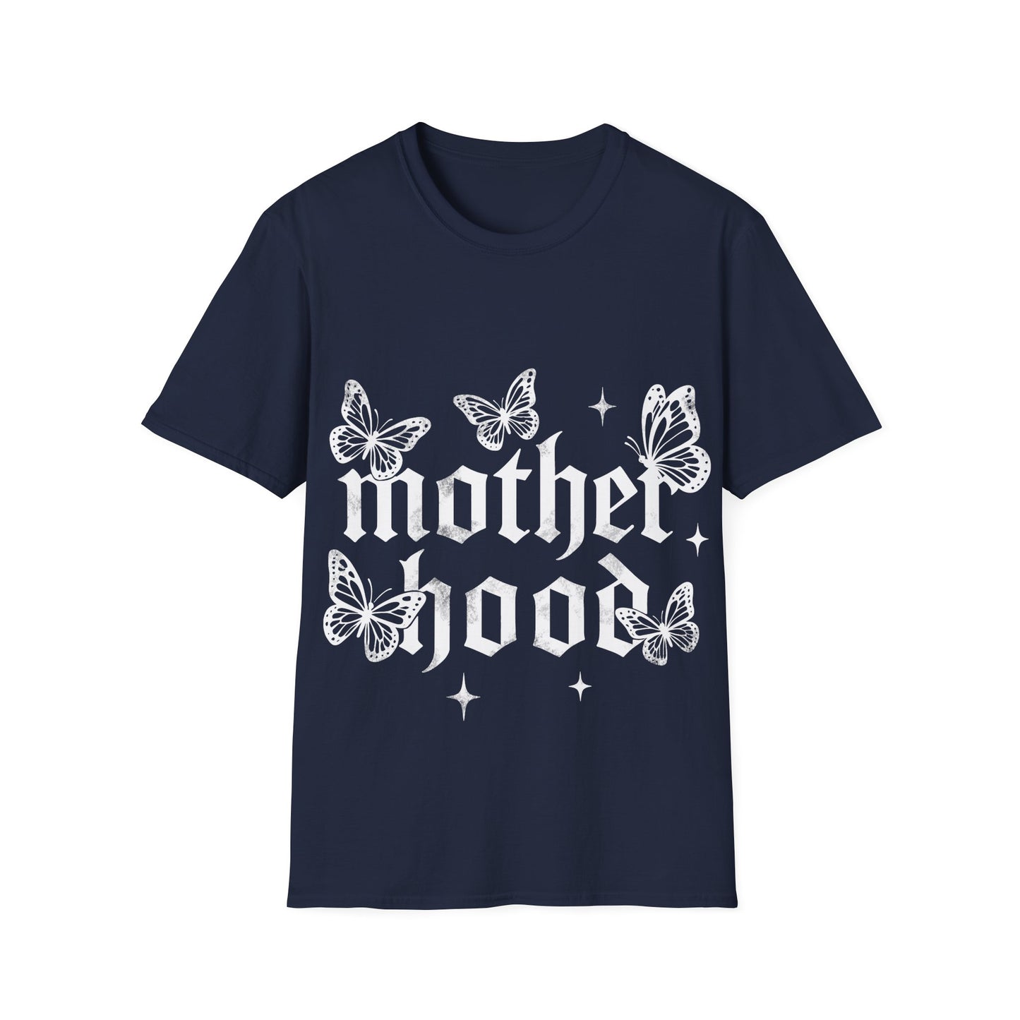Navy blue gothic T-Shirt ‘Motherhood’ lettering surrounded by delicate white butterflies and small star accents on a light gray background