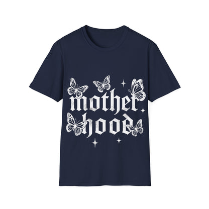 Navy blue gothic T-Shirt ‘Motherhood’ lettering surrounded by delicate white butterflies and small star accents on a light gray background