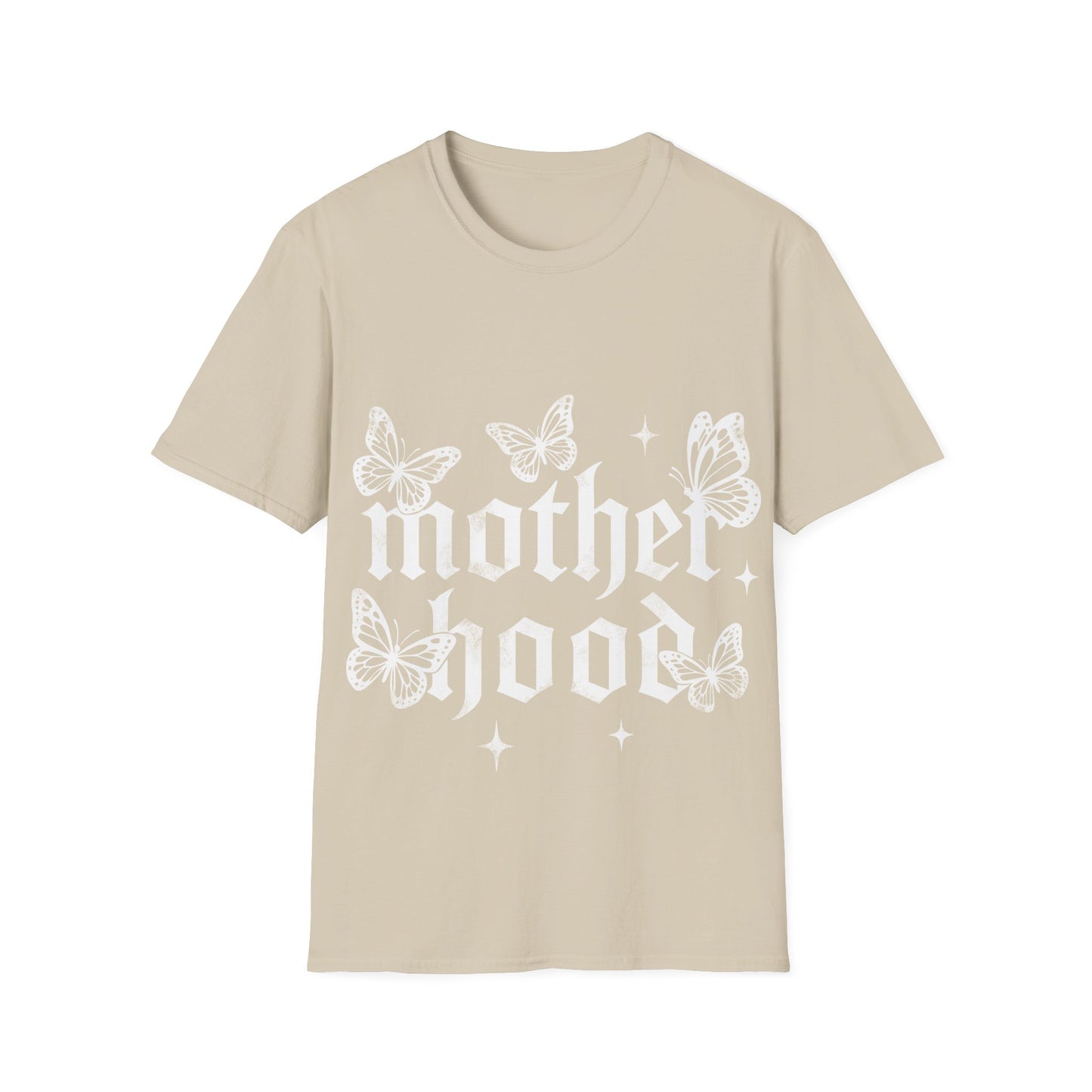 Beige gothic T-Shirt ‘Motherhood’ lettering surrounded by delicate white butterflies and small star accents on a light gray background