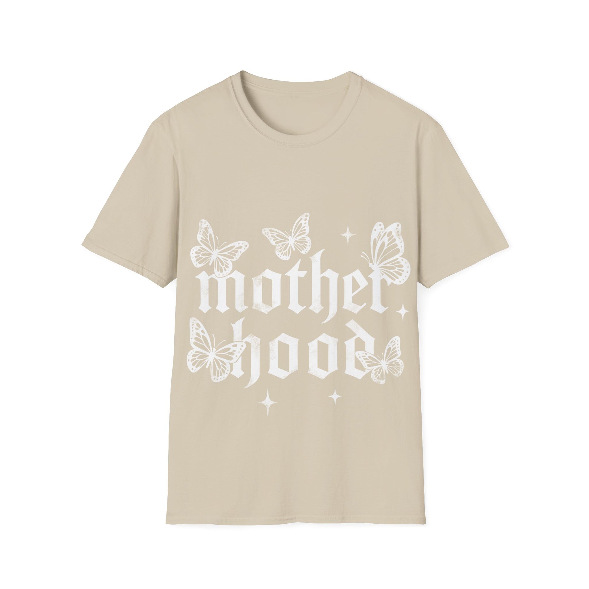 Beige gothic T-Shirt ‘Motherhood’ lettering surrounded by delicate white butterflies and small star accents on a light gray background