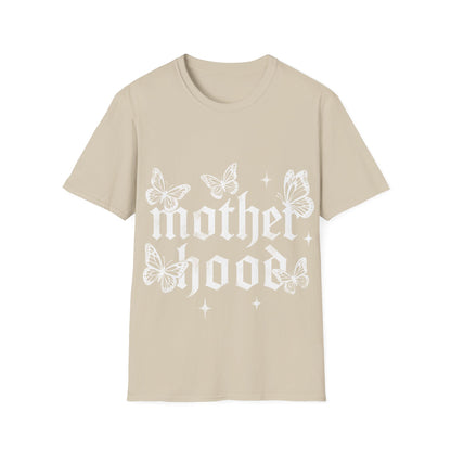 Beige gothic T-Shirt ‘Motherhood’ lettering surrounded by delicate white butterflies and small star accents on a light gray background