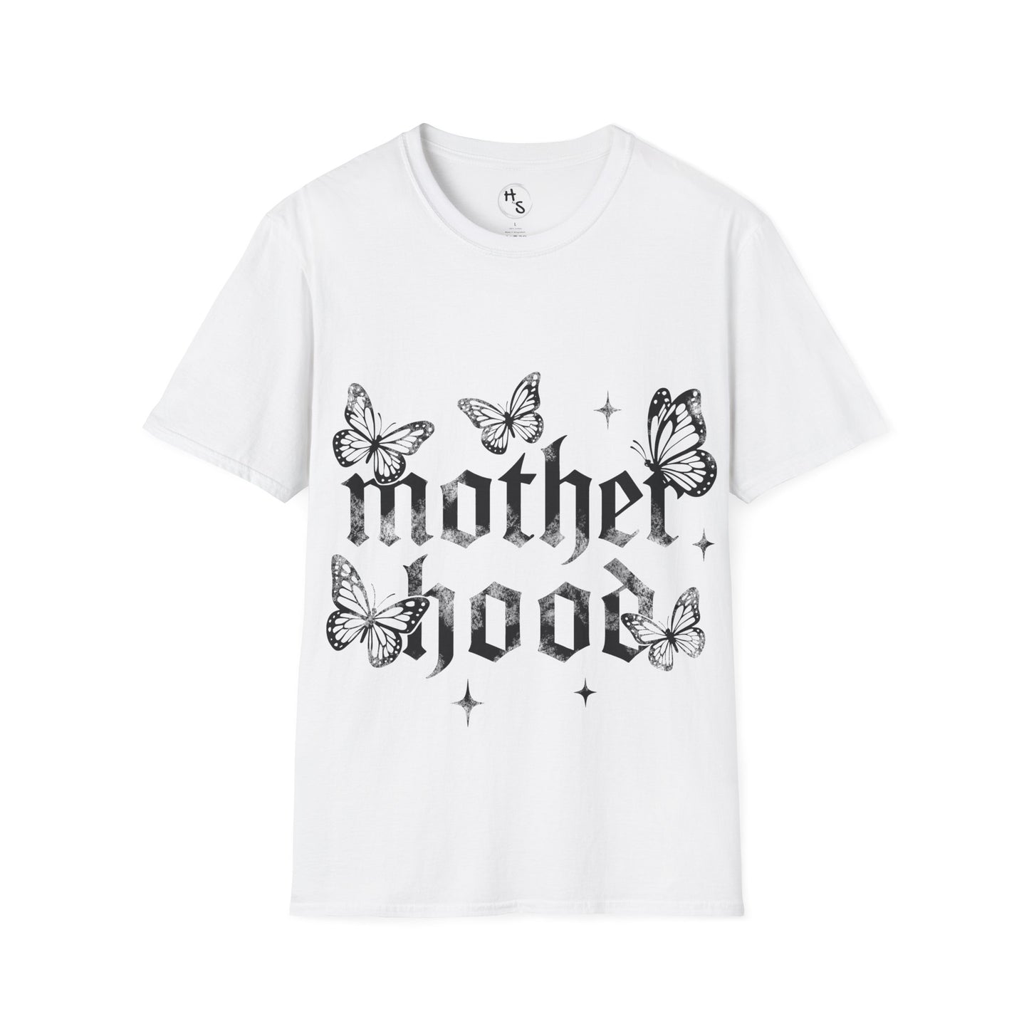 White t-shirt with 'motherhood' and butterfly designs on a white background