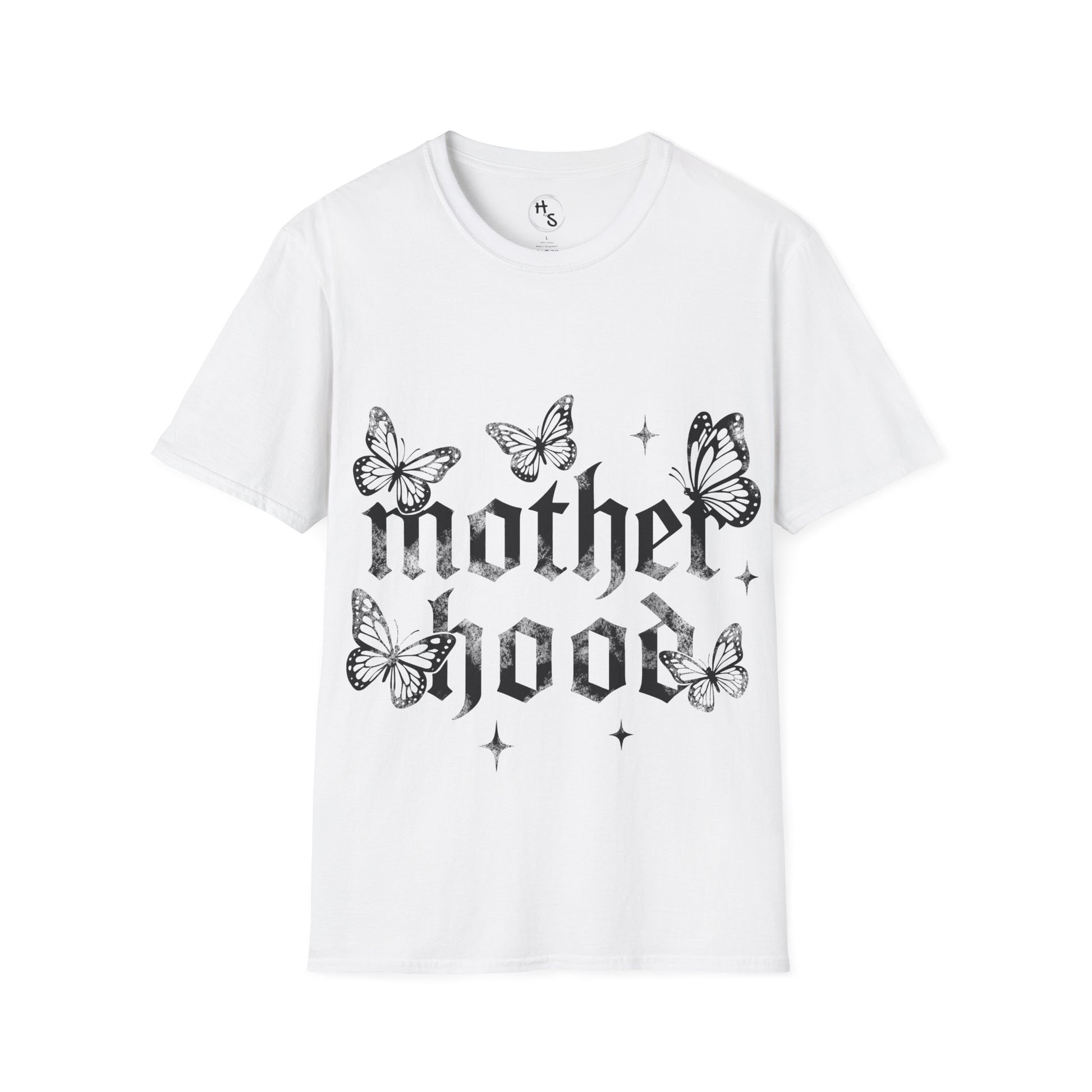 White t-shirt with 'motherhood' and butterfly designs on a white background