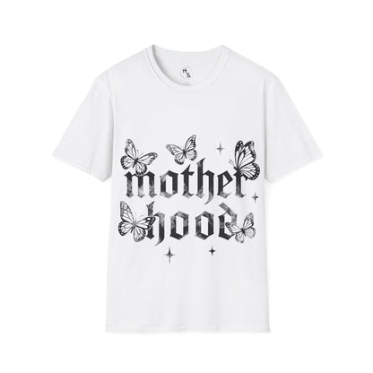 White t-shirt with 'motherhood' and butterfly designs on a white background