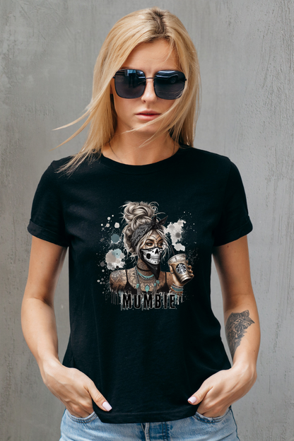 Woman wearing a black t-shirt with a graphic design against a gray background