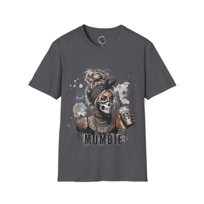 Gray t-shirt with a graphic design of a skeleton woman holding a ice coffee on a white background