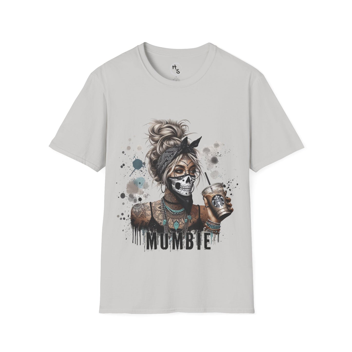 Gray t-shirt with a graphic design of a skeleton holding a coffee cup and the word 'MUMBIE'.