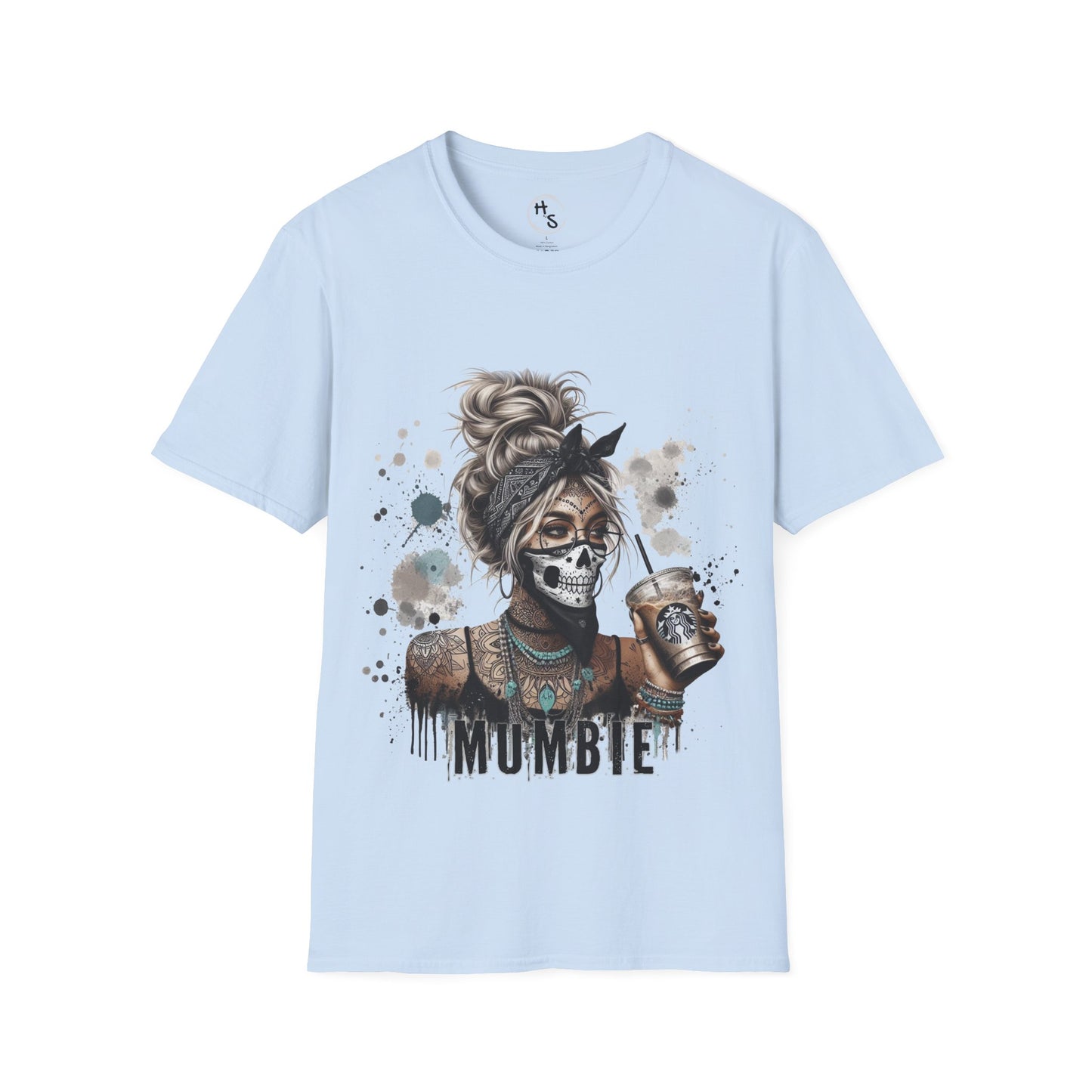 Light blue t-shirt with a graphic design of a skeleton holding a coffee cup and the word 'MUMBIE'.