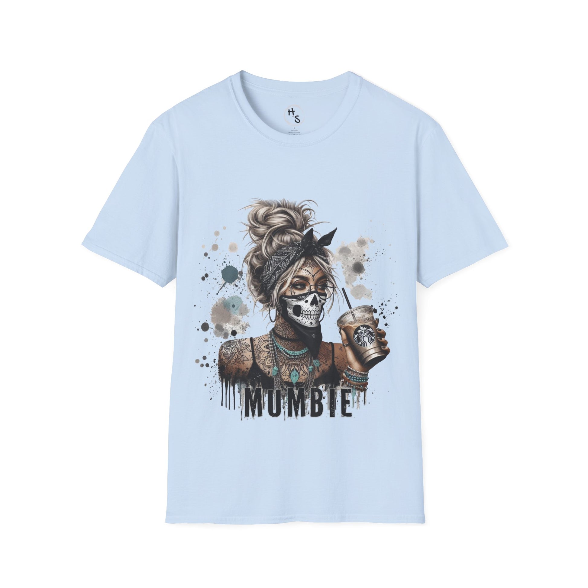Light blue t-shirt with a graphic design of a skeleton holding a coffee cup and the word 'MUMBIE'.