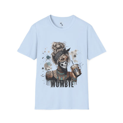 Light blue t-shirt with a graphic design of a skeleton holding a coffee cup and the word 'MUMBIE'.