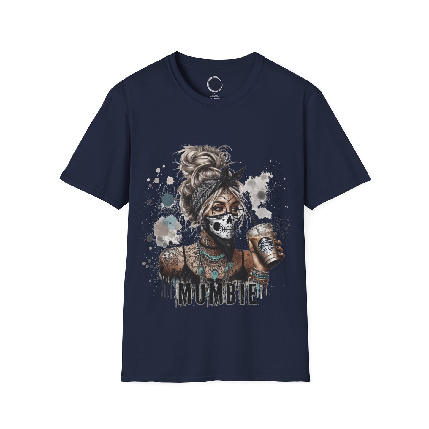 Navy blue t-shirt with a graphic design of a skeleton woman holding a ice coffee on a white background.