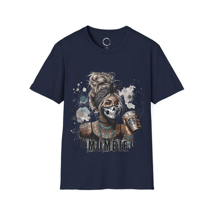 Navy blue t-shirt with a graphic design of a skeleton woman holding a ice coffee on a white background.