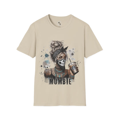 Beige t-shirt with a graphic design of a person with a skull face and the word 'MUMBIE' on a white background.