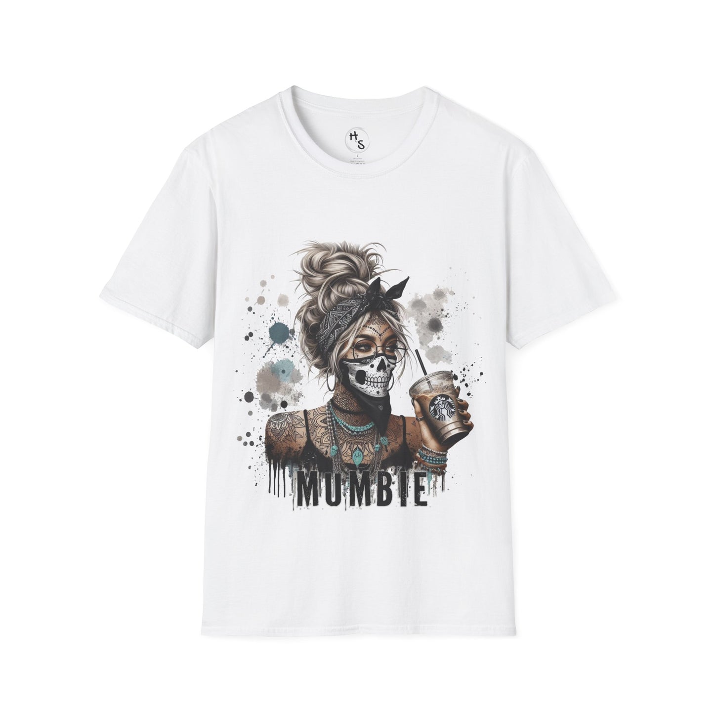 White t-shirt with a graphic design of a women holding a coffee cup and the word 'MUMBIE'.