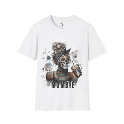 White t-shirt with a graphic design of a women holding a coffee cup and the word 'MUMBIE'.