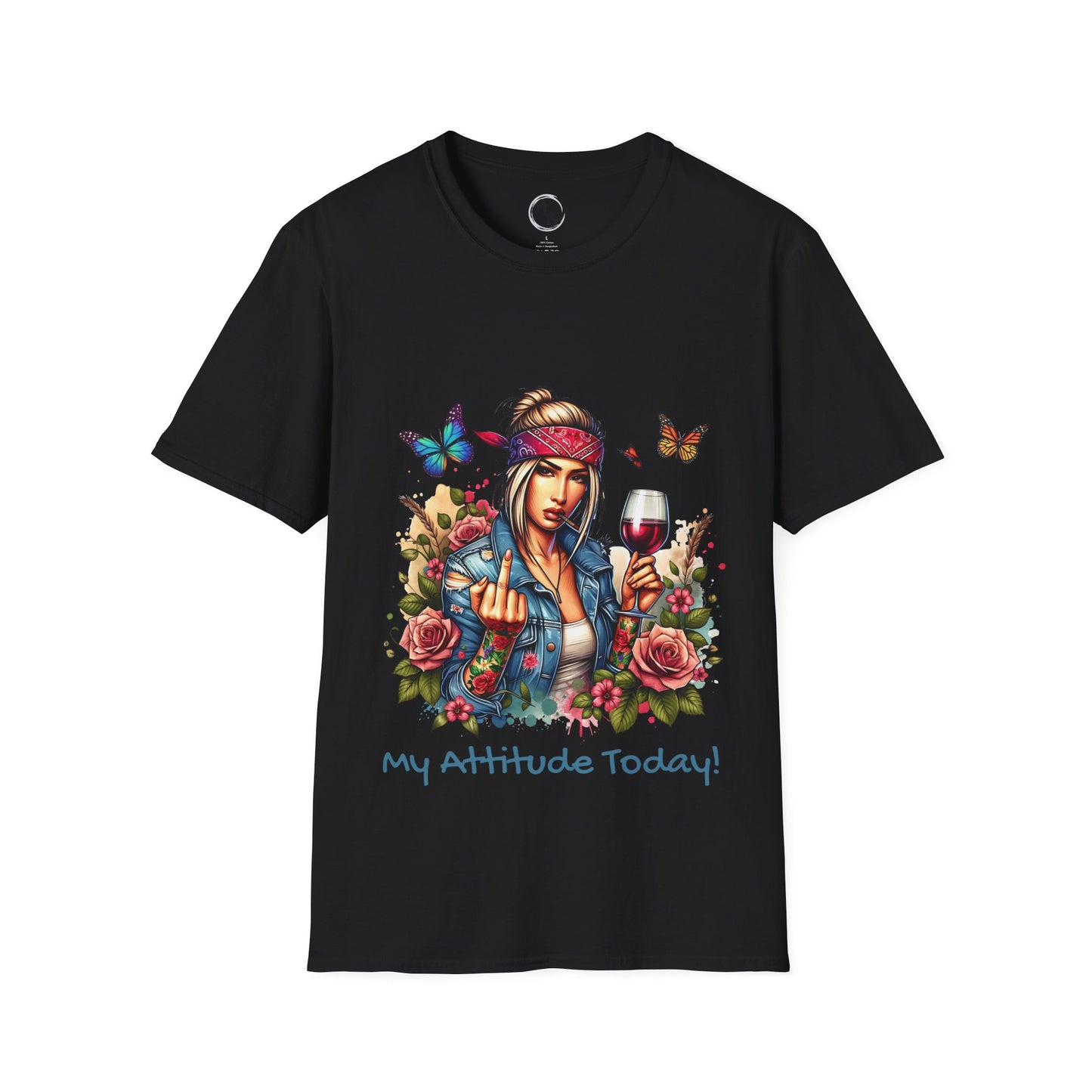 Black t-shirt with a colorful graphic of a woman holding a glass of wine, surrounded by flowers and butterflies, with text 'My Attitude Today!' on a black background.