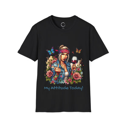 Black t-shirt with a colorful graphic of a woman holding a glass of wine, surrounded by flowers and butterflies, with text 'My Attitude Today!' on a black background.
