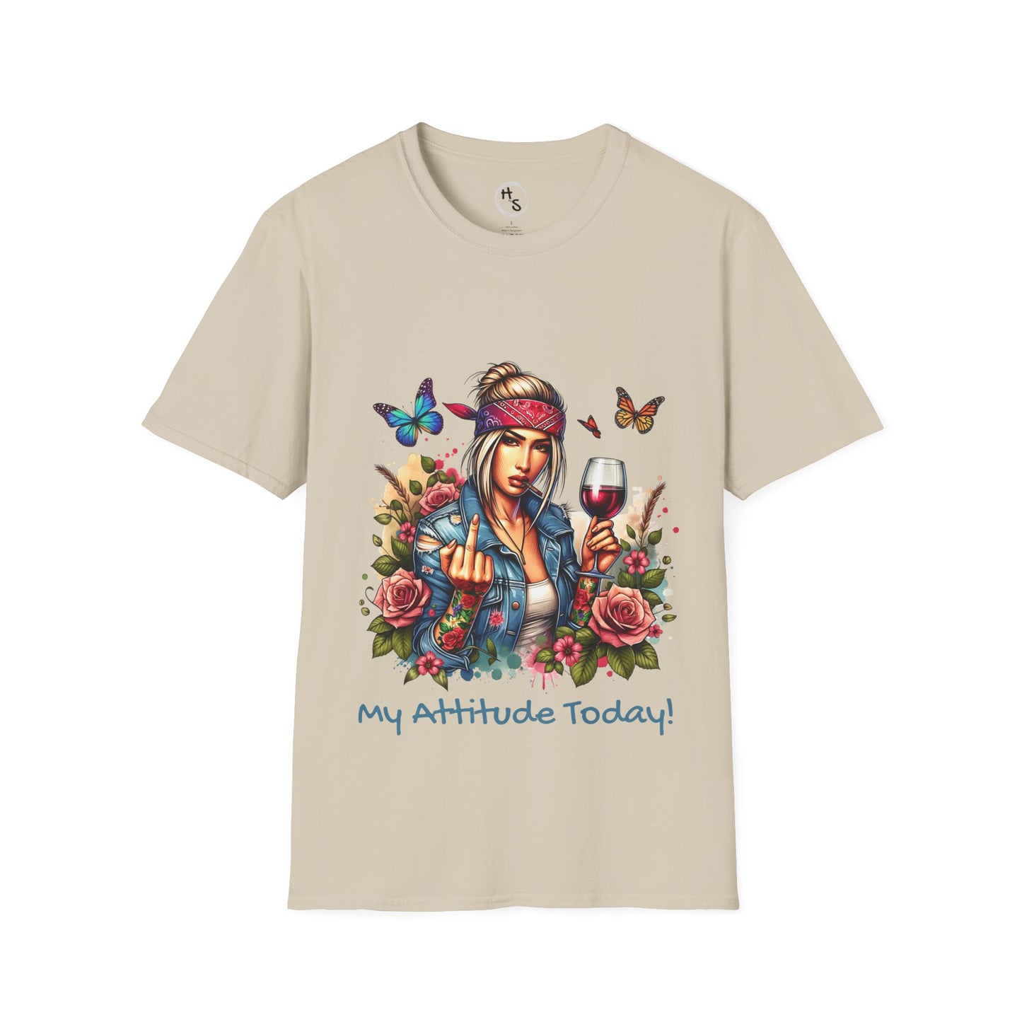Beige t-shirt with a graphic of a woman, flowers, and butterflies on a beige background