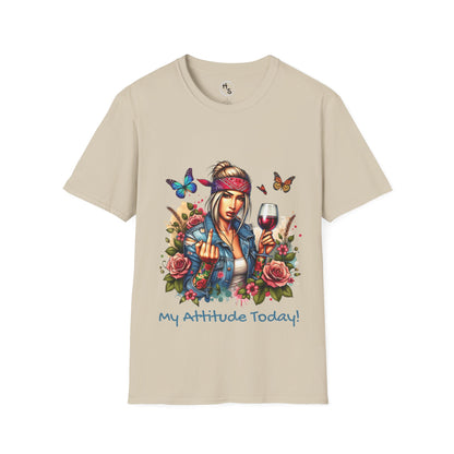 Beige t-shirt with a graphic of a woman, flowers, and butterflies on a beige background