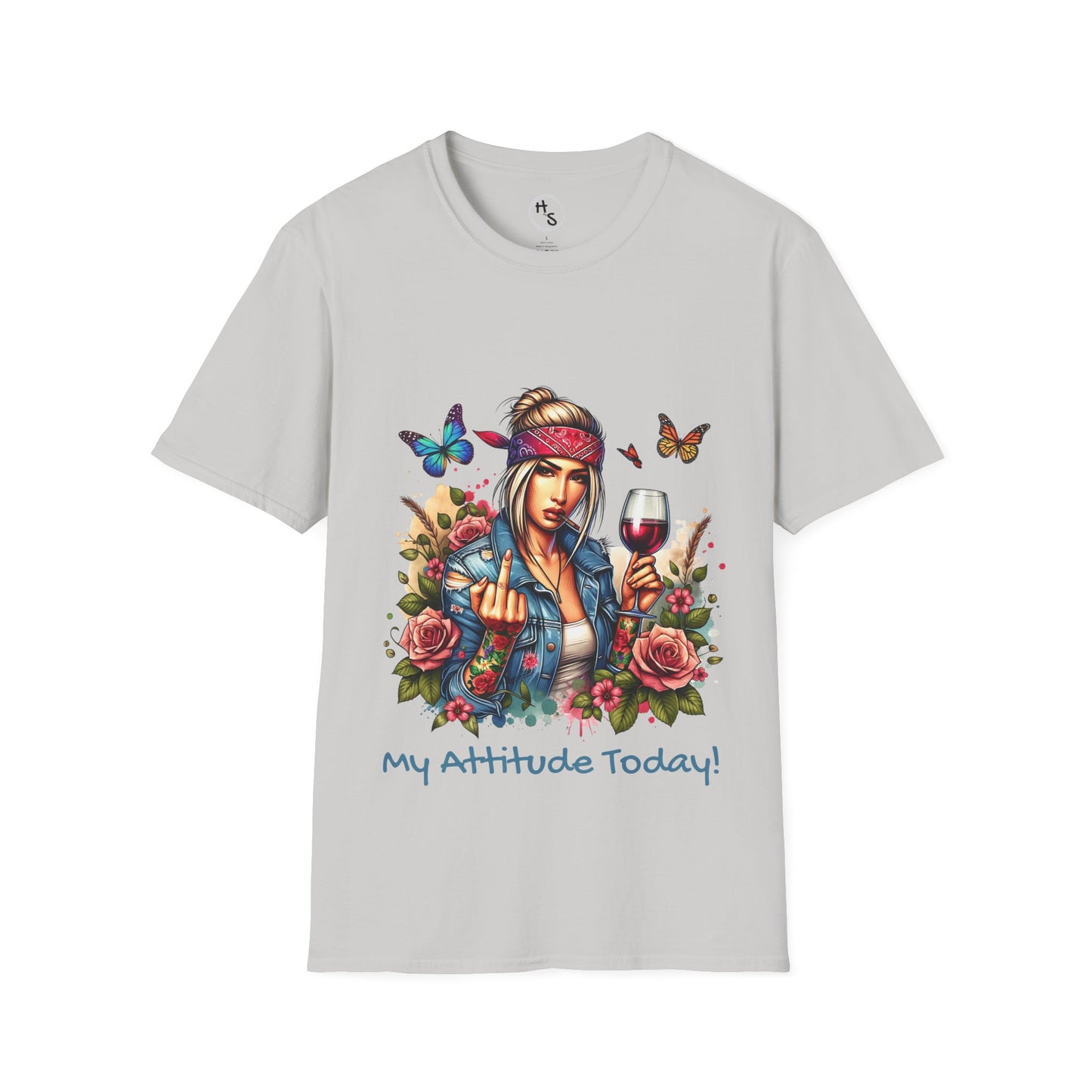 Gray t-shirt with a colorful graphic of a woman, flowers, and butterflies on a gray background.