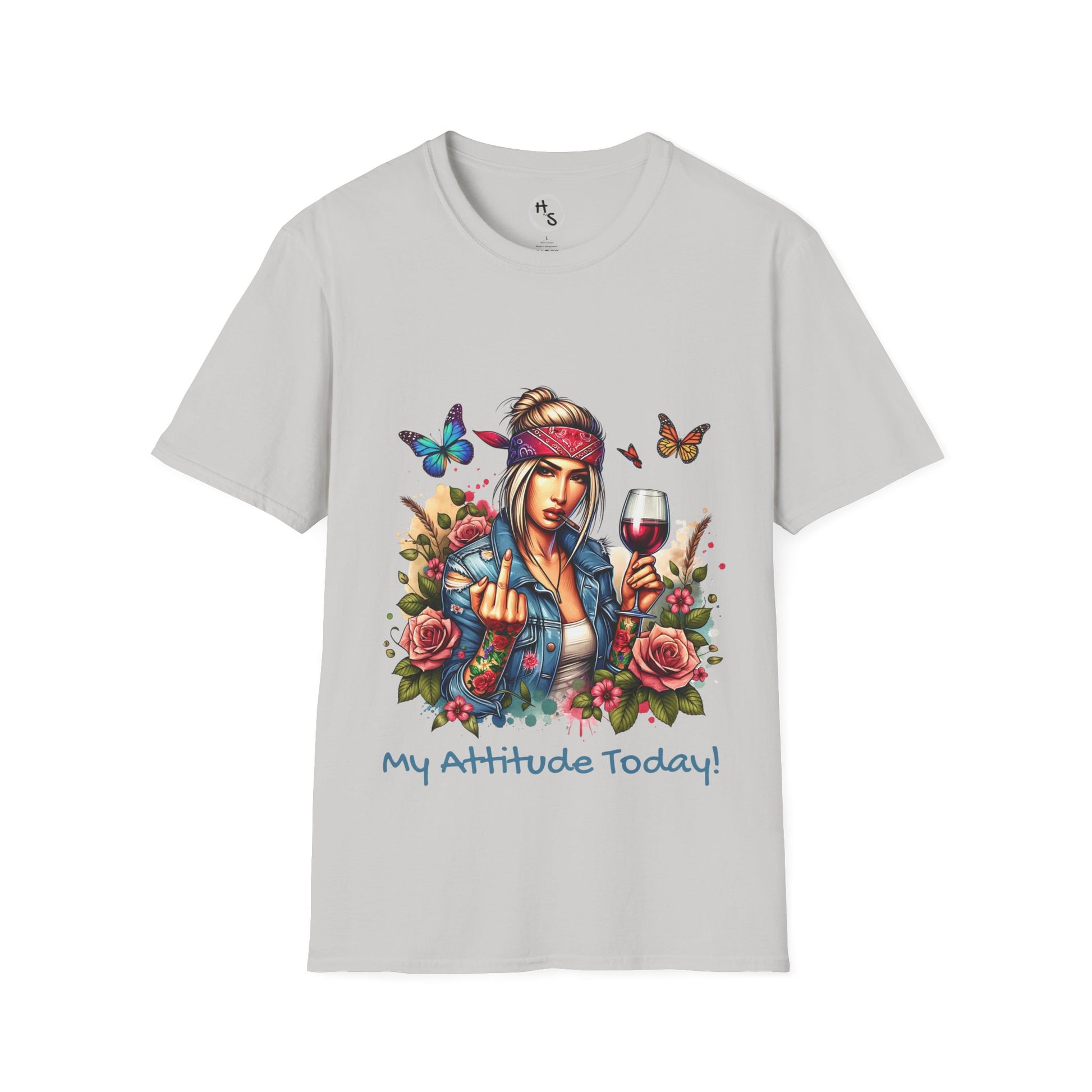 Gray t-shirt with a colorful graphic of a woman, flowers, and butterflies on a gray background.
