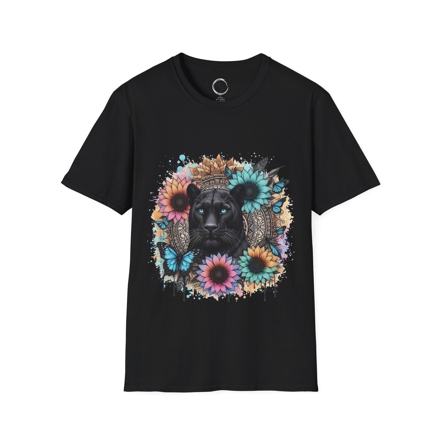 Black t-shirt with a colorful panther and floral mandala on a black background