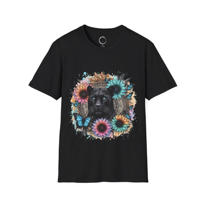 Black t-shirt with a colorful panther and floral mandala on a black background