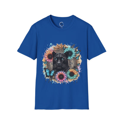 Blue t-shirt with a black panther and floral mandala on a blue background