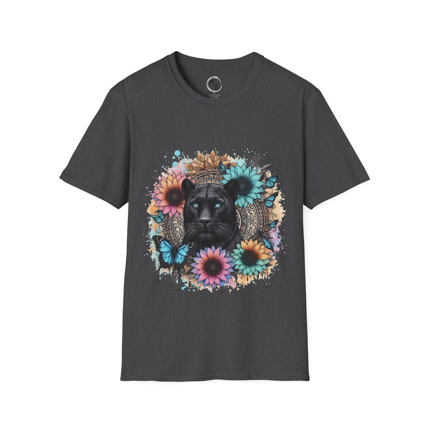 Dark Grey t-shirt with a colorful panther and floral mandala on a dark grey background