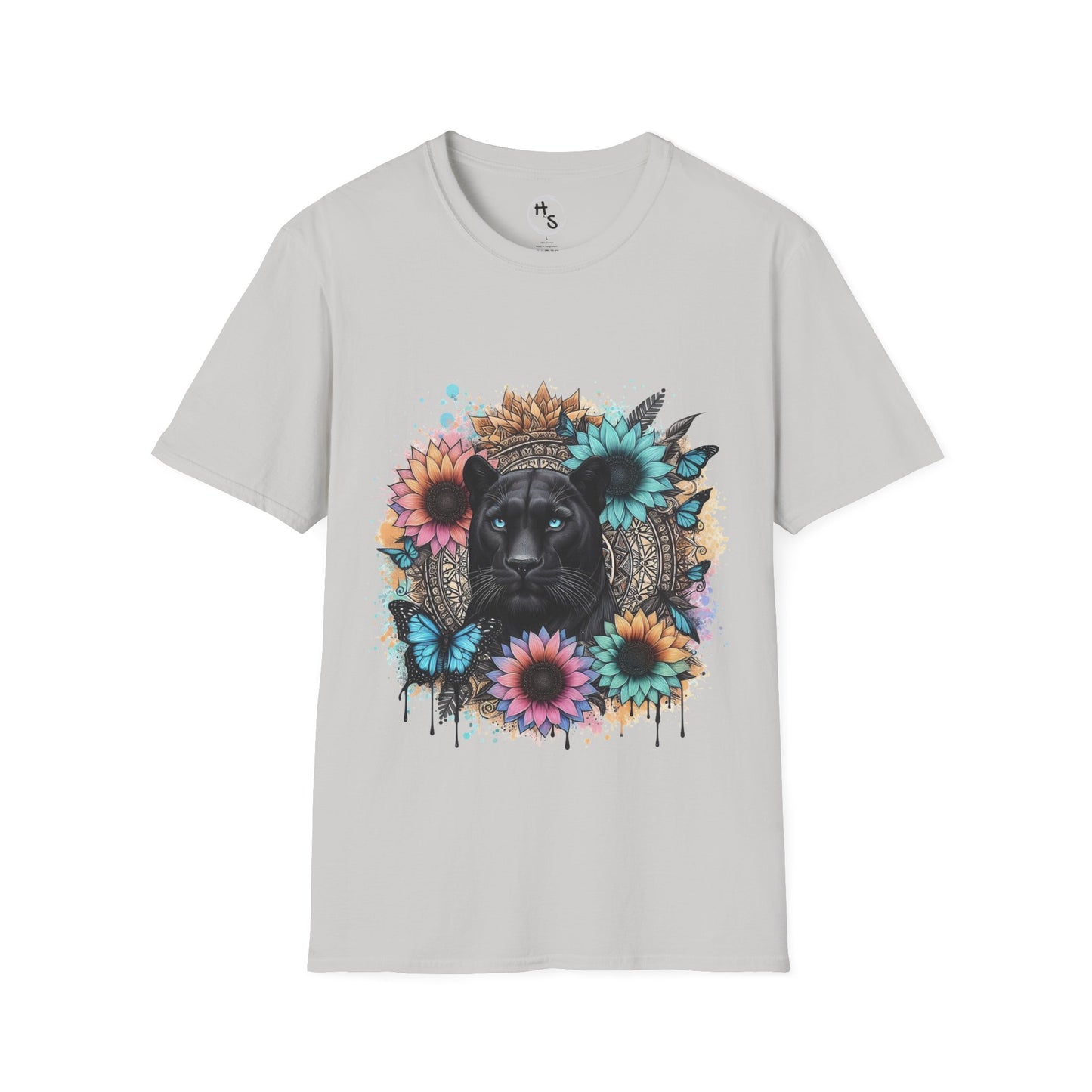 Gray t-shirt with a black panther and floral mandala on a grey background