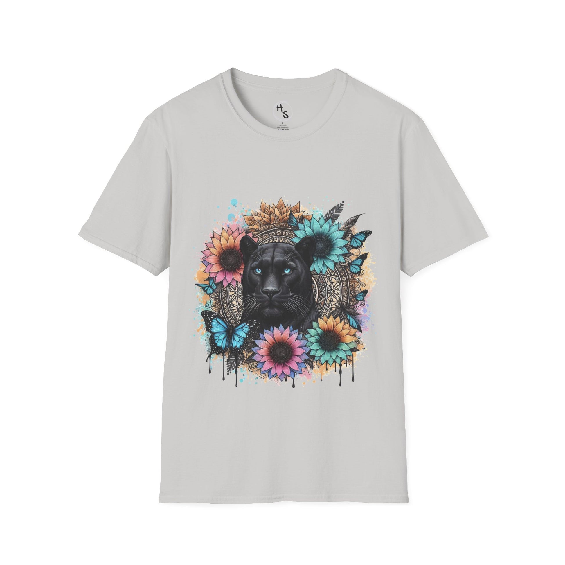 Gray t-shirt with a black panther and floral mandala on a grey background
