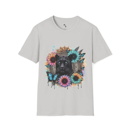 Gray t-shirt with a black panther and floral mandala on a grey background