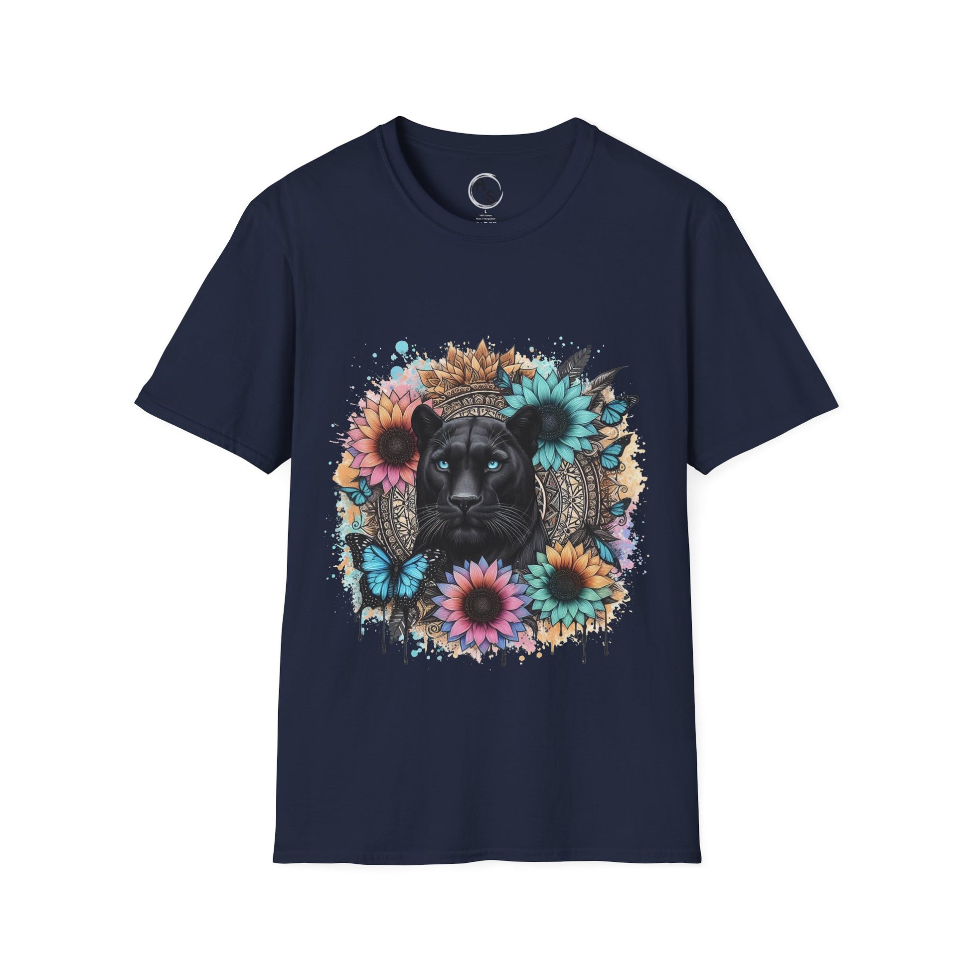 Navy blue t-shirt with a colorful panther and mandala design on a navy background