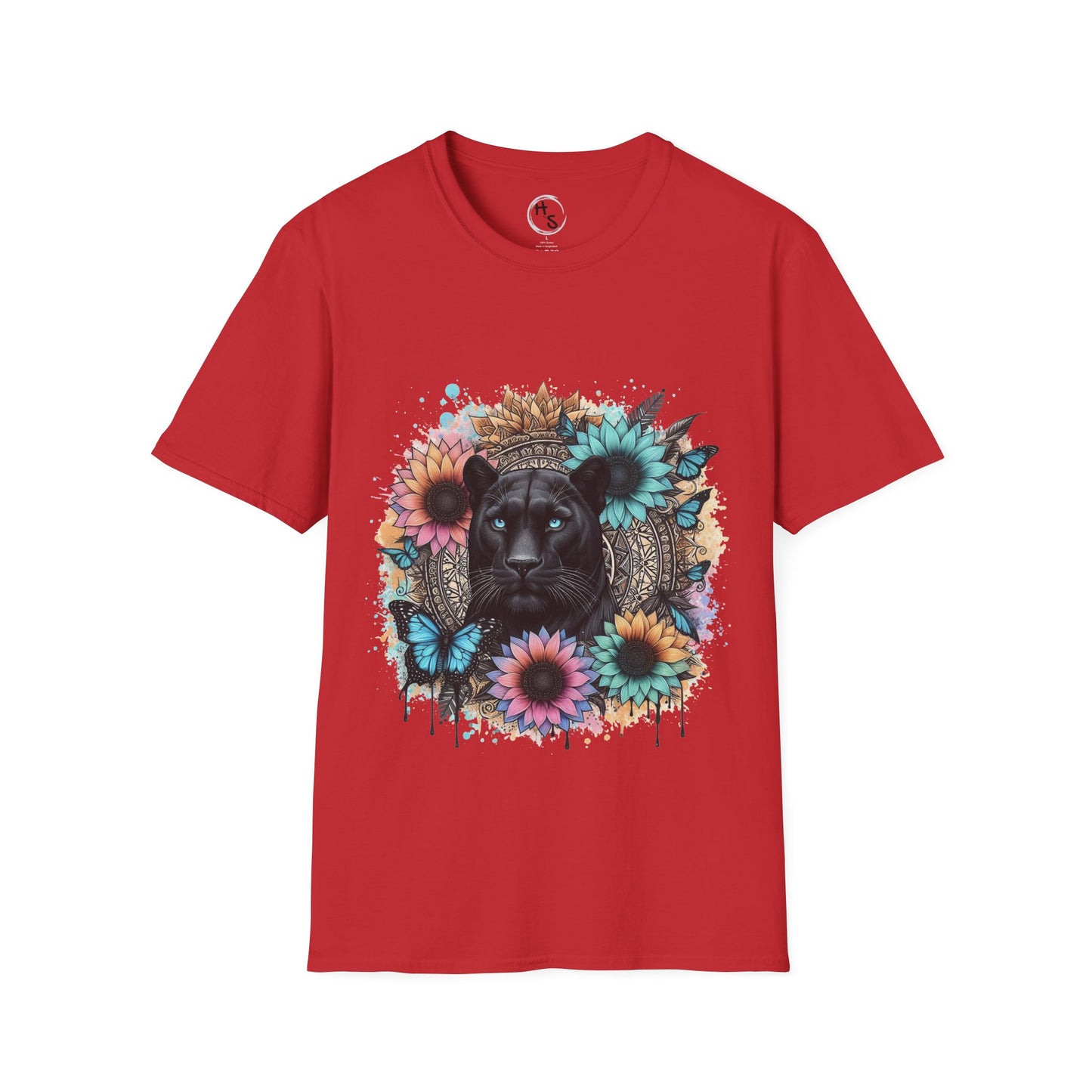 Red t-shirt with a black panther and floral mandala on a red background